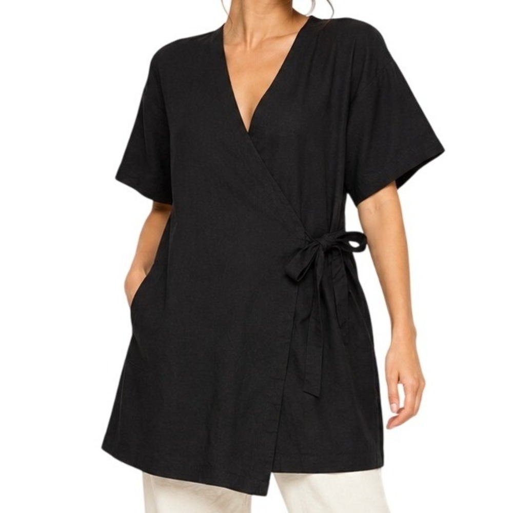 Eileen Fisher Linen Kimono Jacket Women's M Black Wrap Tunic Cotton Minimalist
